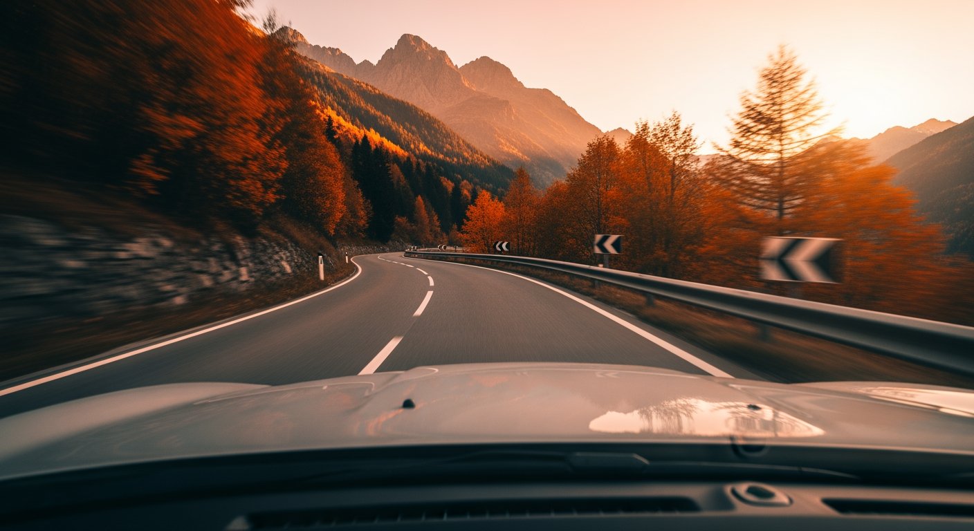 Capot de voiture et route de montagne valaisanne au crépuscule